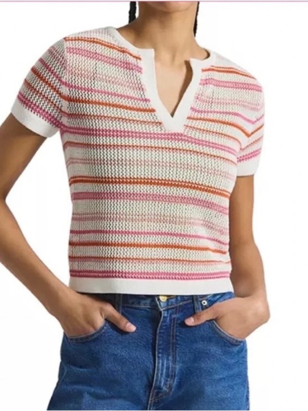 Derek Lam 10 Crosby Short-sleeves  Stripe Top - White with Pink & Red Stripes.